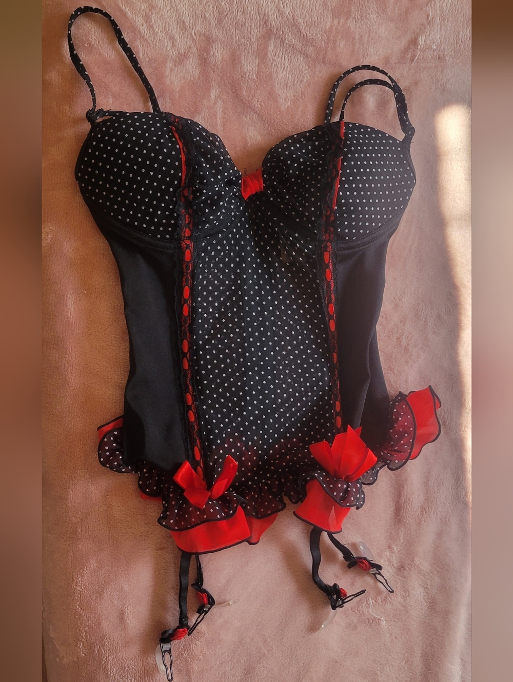 Dreamgirl Black and Red Polka Dot Bustier with Ruffled Hem